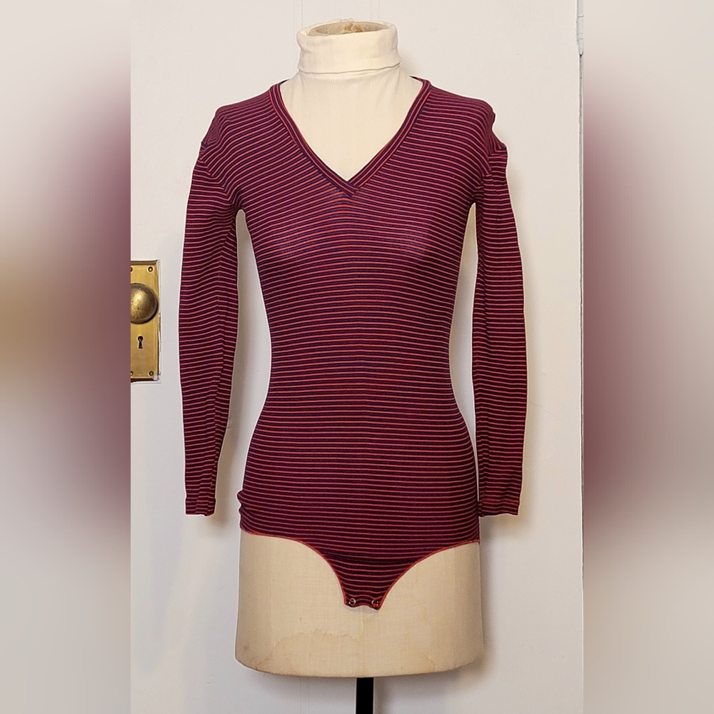 Red, blue and white stripped vintage bodysuit. Has room to stretch.